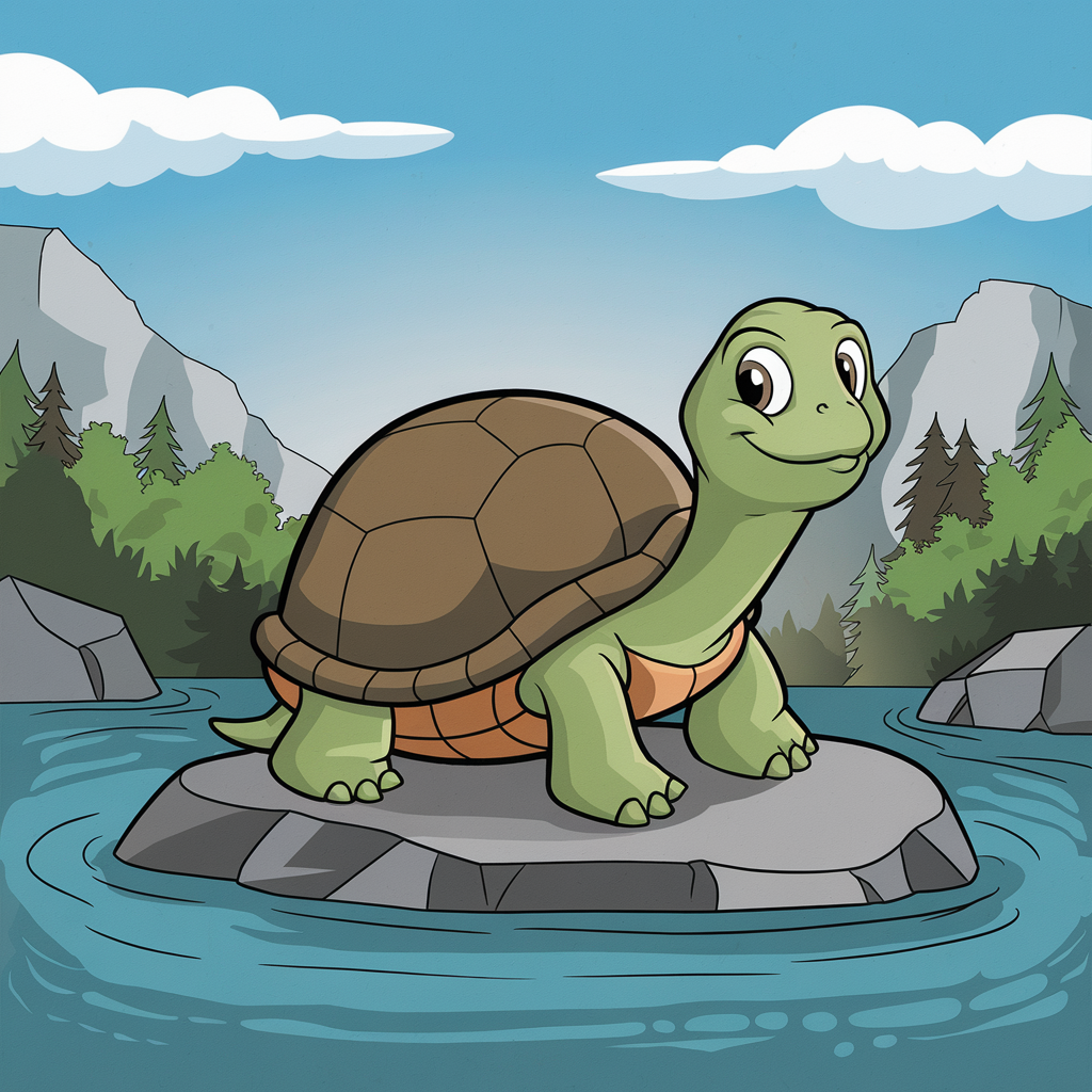 A cheerful cartoon turtle stands on a rock in a serene lake, surrounded by mountains and trees, making it an engaging profile photo or forum avatar.