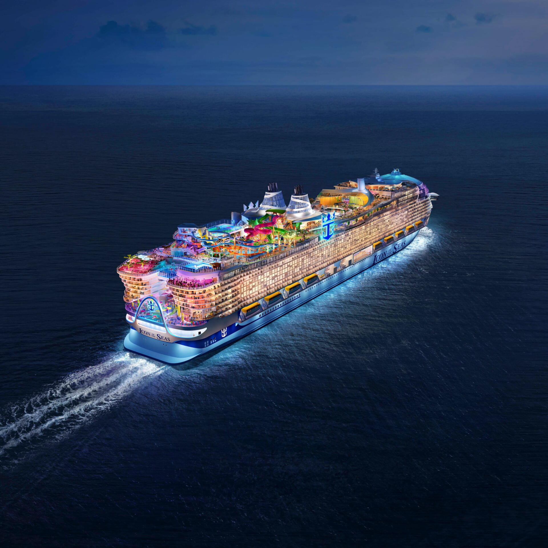 A vibrant Royal Caribbean cruise ship shines brightly as it sails through dark waters, showcasing its innovative design and amenities under a twilight sky.