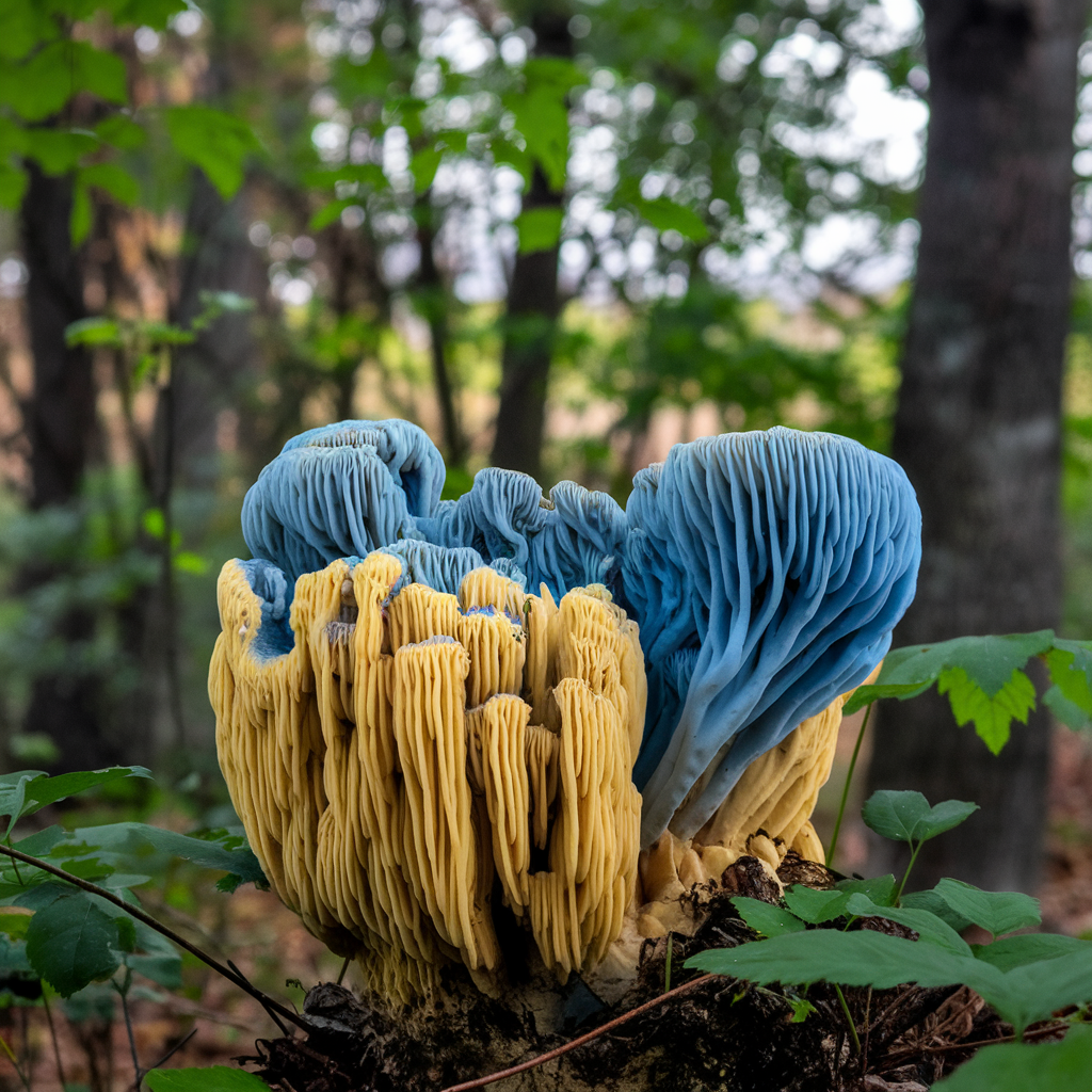 A vibrant lion's mane mushroom showcases stunning blue and yellow hues, surrounded by greenery, serving as a unique forum avatar.