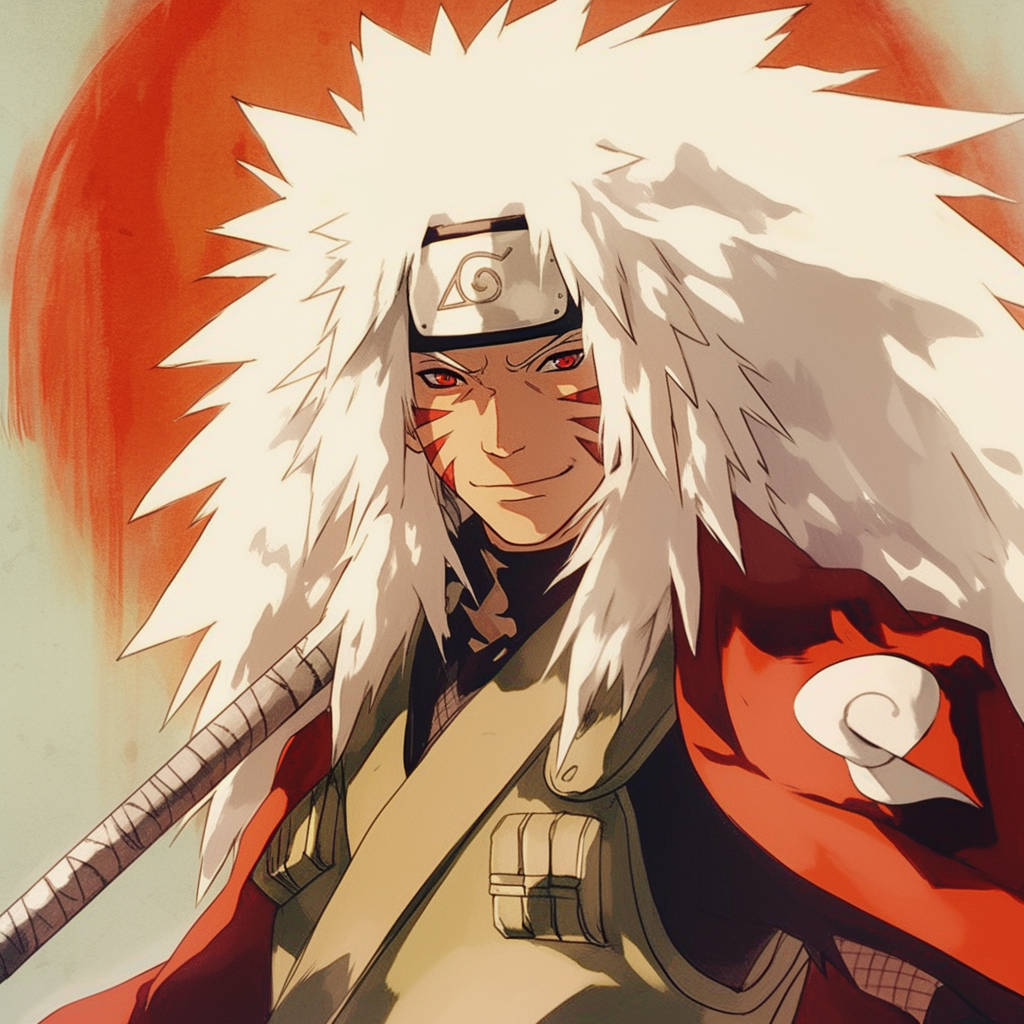 An anime-style profile photo of Jiraiya from Naruto, featuring his distinct spiky white hair and red cloak, set against a vibrant background.