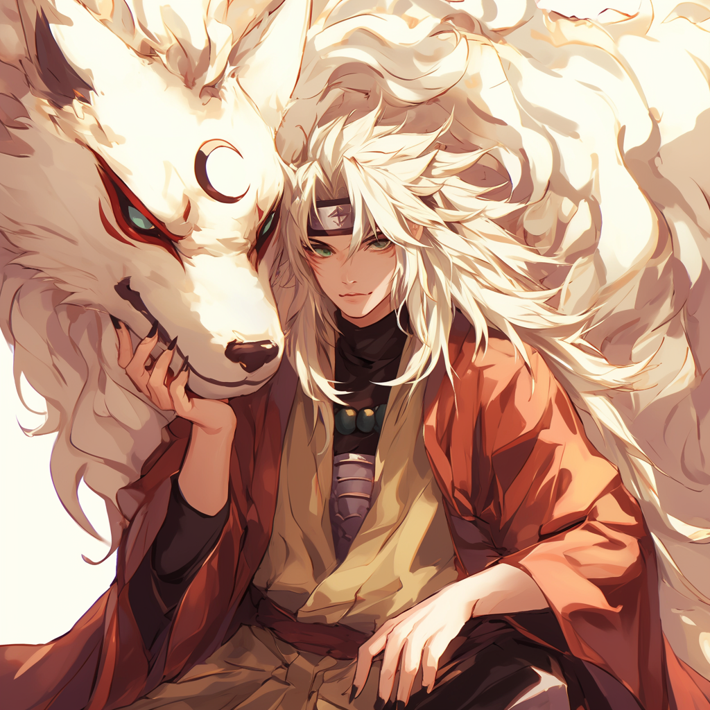 Anime-inspired profile photo featuring Jiraiya from Naruto, depicted alongside a large white fox with a crescent moon symbol.