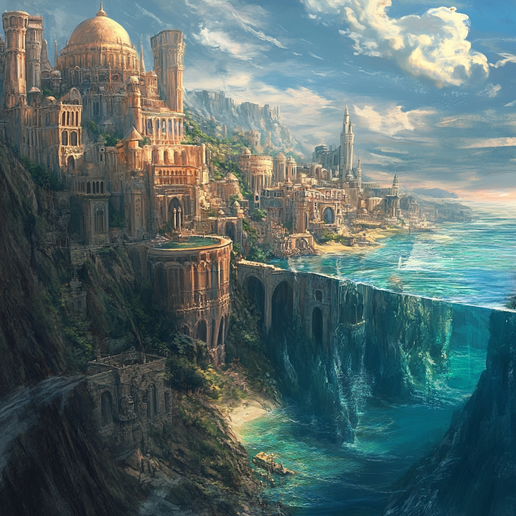 Fantasy landscape of Atlantis with grand ancient architecture perched on cliffs beside a vast ocean under a bright, partly cloudy sky, used as a forum avatar.