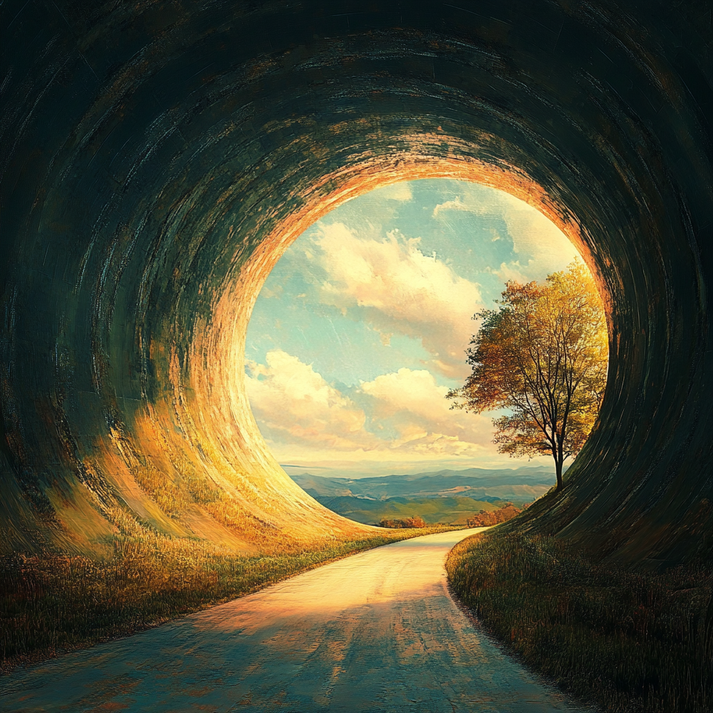 View through a tunnel revealing a winding road surrounded by nature and a lone tree under a bright sky in a landscape setting.