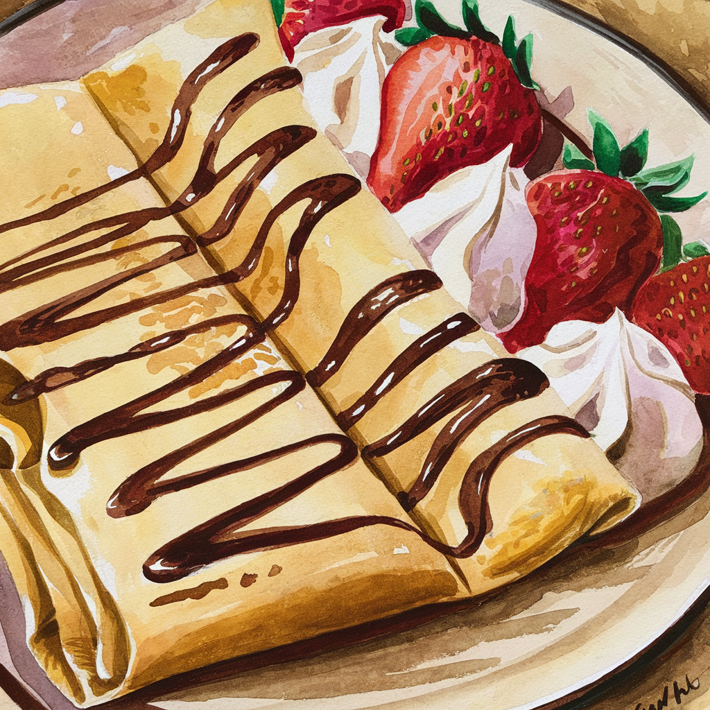 A crêpe drizzled with chocolate, topped with whipped cream and fresh strawberries on a plate.