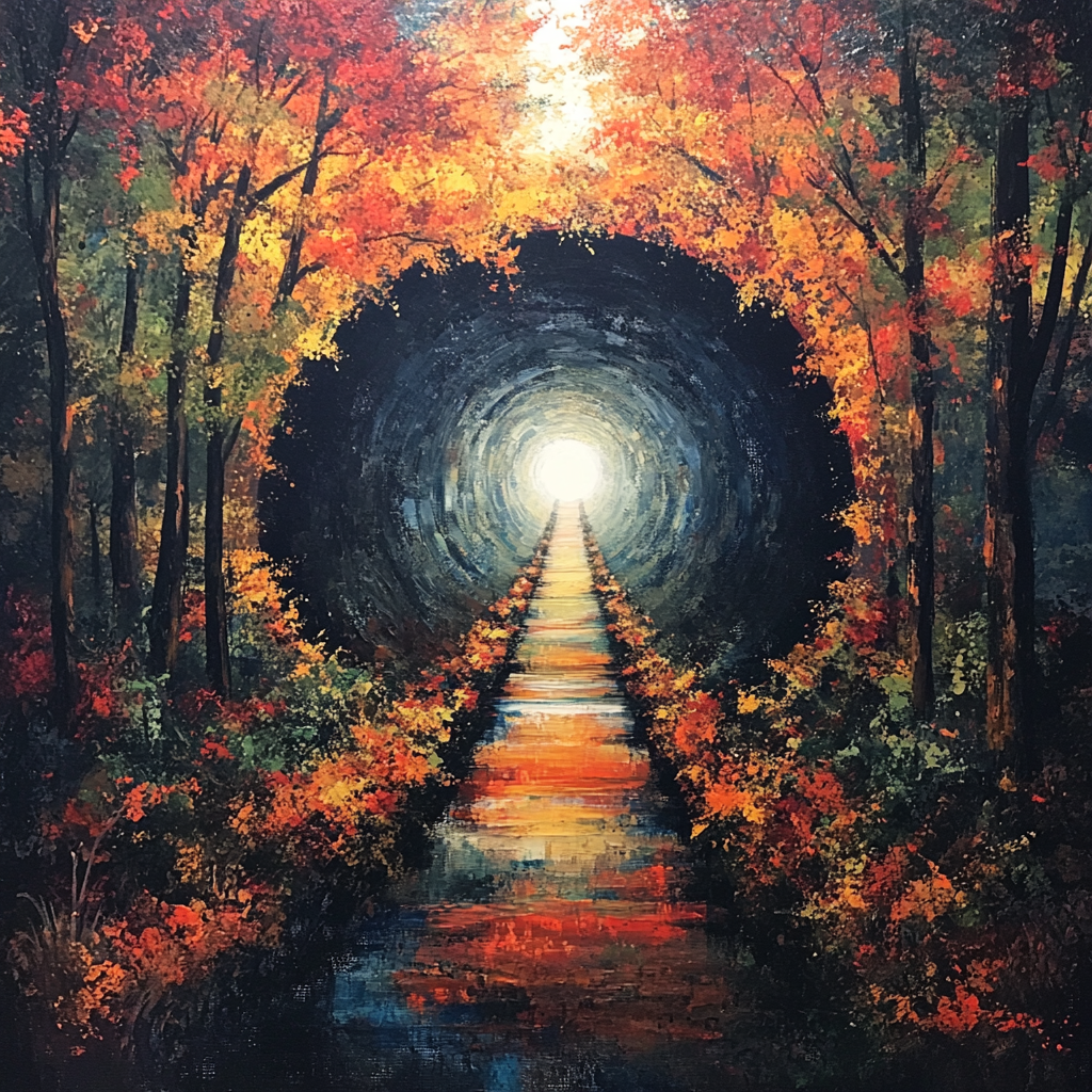 Artistic tunnel of vibrant autumn trees and flowers framing a glowing light at the end, with a colorful pathway leading forward.