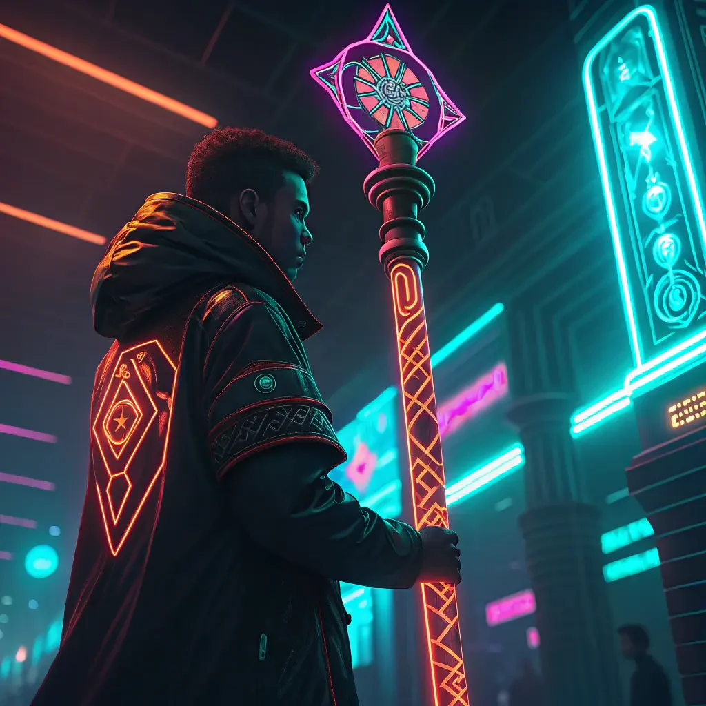 A forum avatar featuring a person in a hooded jacket, holding a glowing staff, set in a vibrant, neon-lit environment.