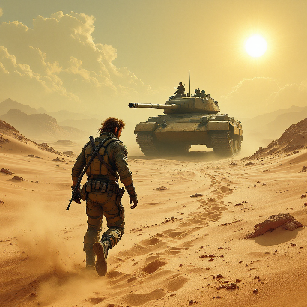 A character from Metal Gear Solid walks through a sandy landscape towards a tank, with a bright sunset illuminating the scene and casting long shadows.