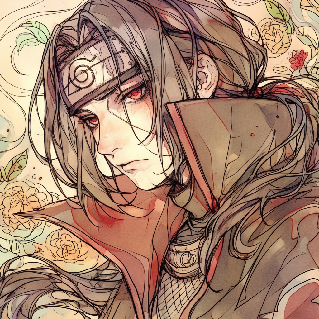 A stylized avatar featuring Itachi Uchiha from Naruto, showcasing his Sharingan and surrounded by floral elements, reflecting a blend of emotion and artistry.