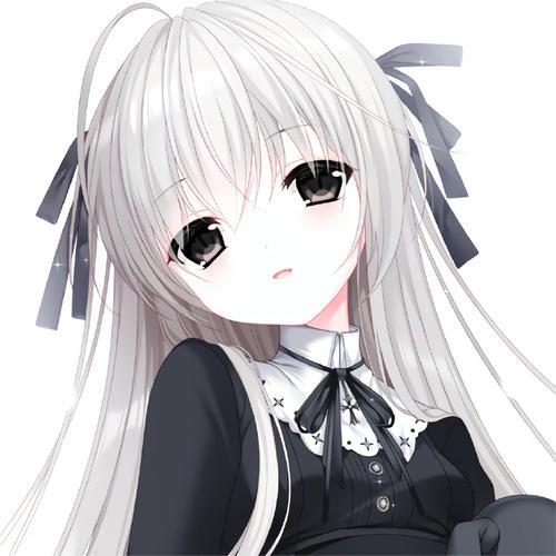 Forum avatar of Sora Kasugano from Yosuga no Sora: long silver hair tied with black ribbons, large dark eyes, black lace-collared dress, head tilted in a gentle, calm expression.