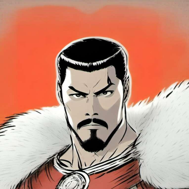 A striking avatar featuring Thragg from Image Comics, showcasing a character with a confident demeanor and a distinctive fur-lined costume against a vibrant orange background.