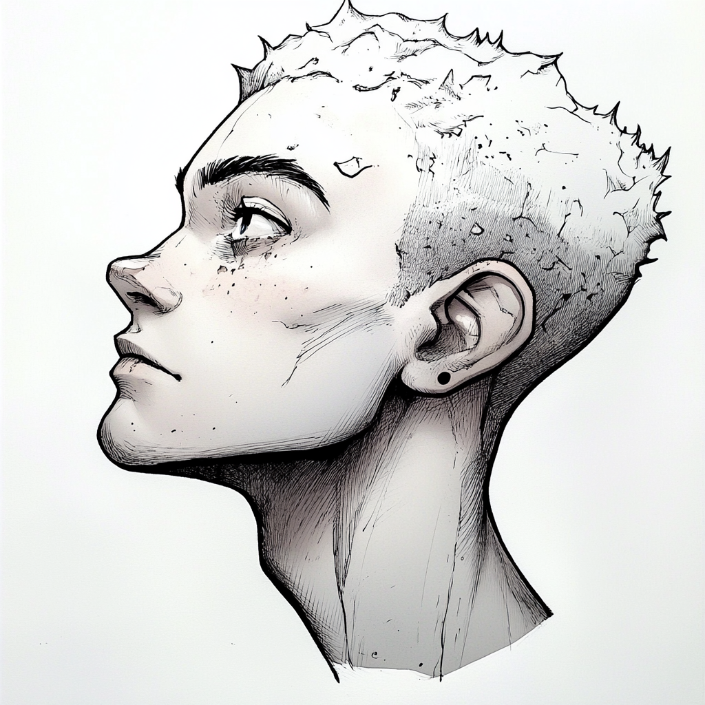 Drawing of a white boy’s profile with short, spiky hair and an earring, used as a forum avatar or profile photo.