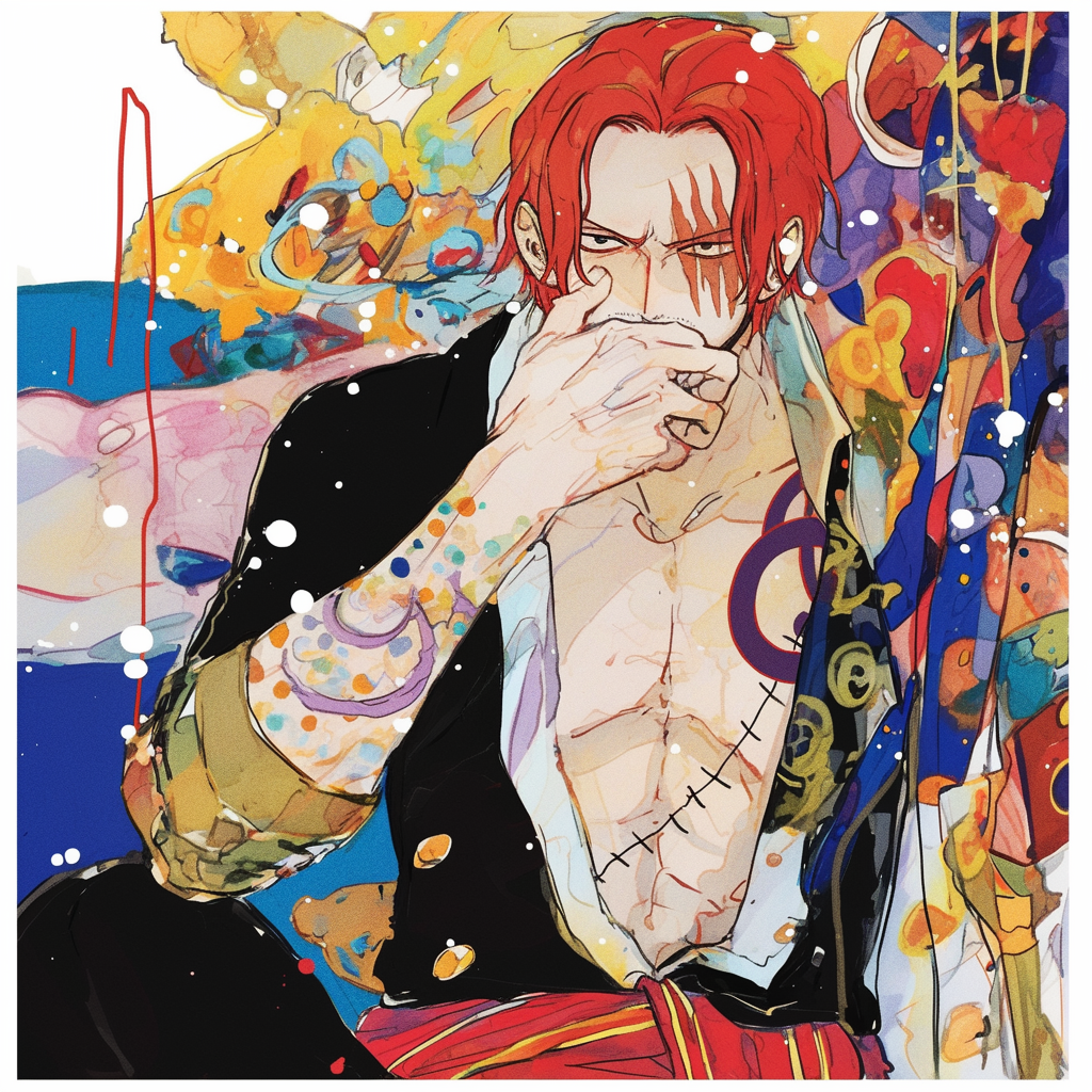 Colorful anime avatar of Shanks from One Piece, showcasing his distinctive red hair and tattooed arm. The vibrant background adds a lively touch to the character's bold presence.
