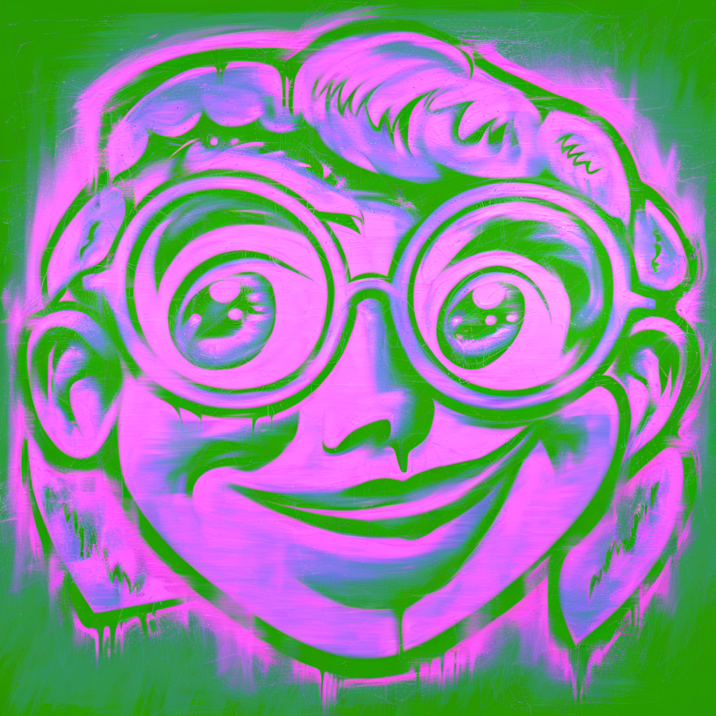 A vibrant fluorescent avatar featuring a cheerful character with large glasses and a bright smile, set against a bold green background.
