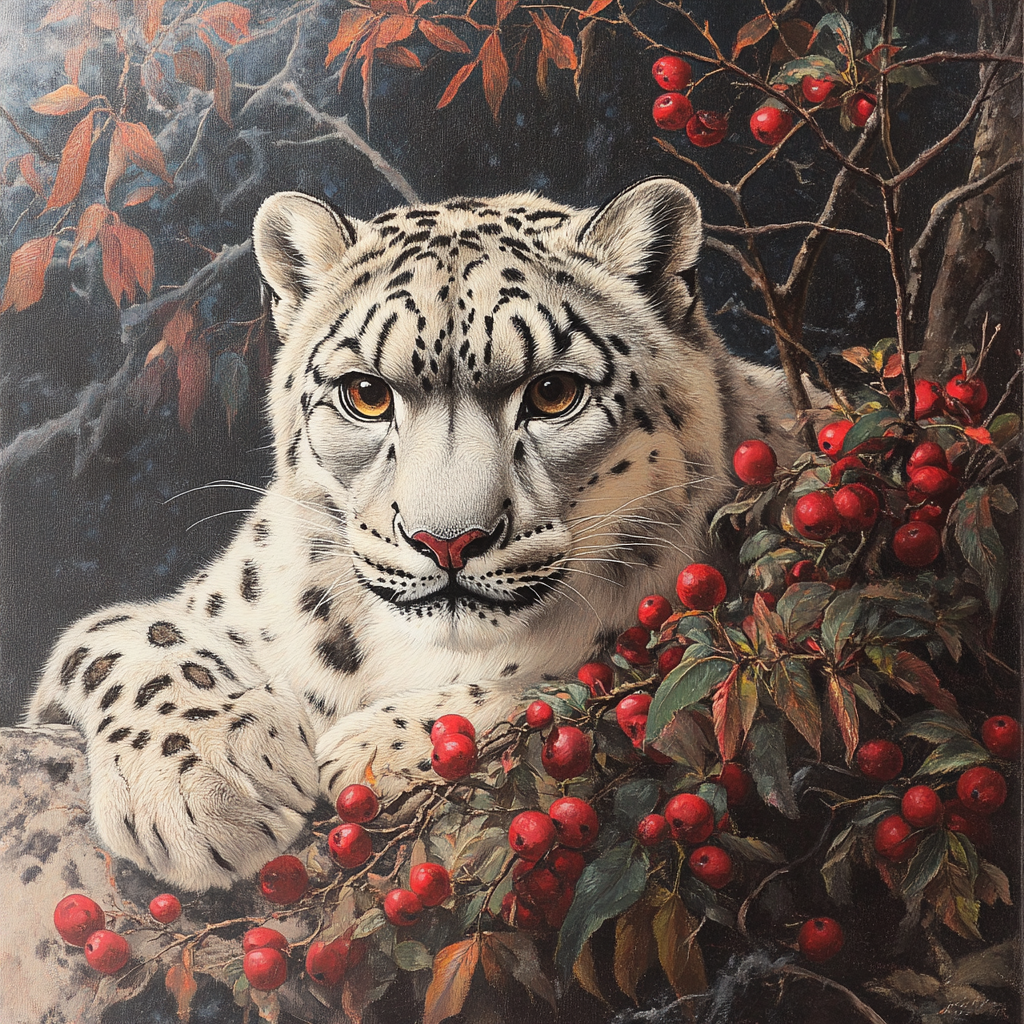 Artistic profile photo of a snow leopard resting among red berries and autumn leaves, blending wildlife and natural beauty in a detailed animal portrait.