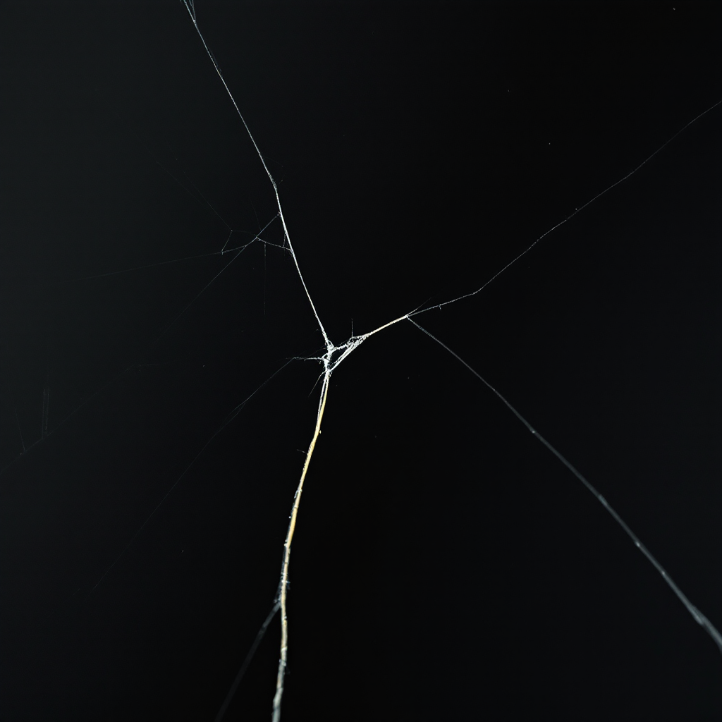 Minimalist black background featuring a delicate spider web resembling a broken screen, creating a striking, nature-inspired profile avatar.