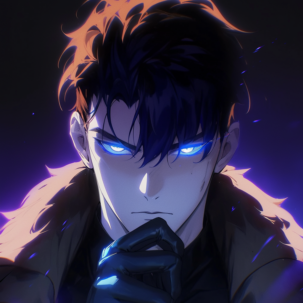 Close-up of Sung Jin-Woo from the anime Solo Leveling, featuring striking blue eyes and a contemplative expression, set against a dark, atmospheric background.