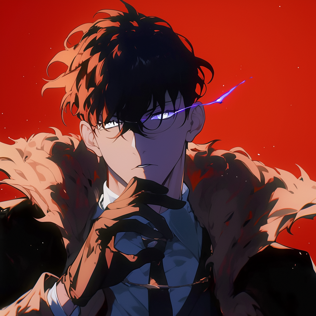An anime-style profile picture featuring Sung Jin-Woo from Solo Leveling, depicted with spiky hair and a confident expression against a striking red background.