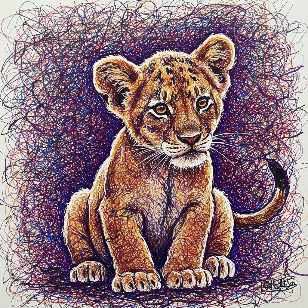 A vibrant illustration of a young lion cub sitting among a colorful abstract background, perfect for a forum avatar or profile photo.