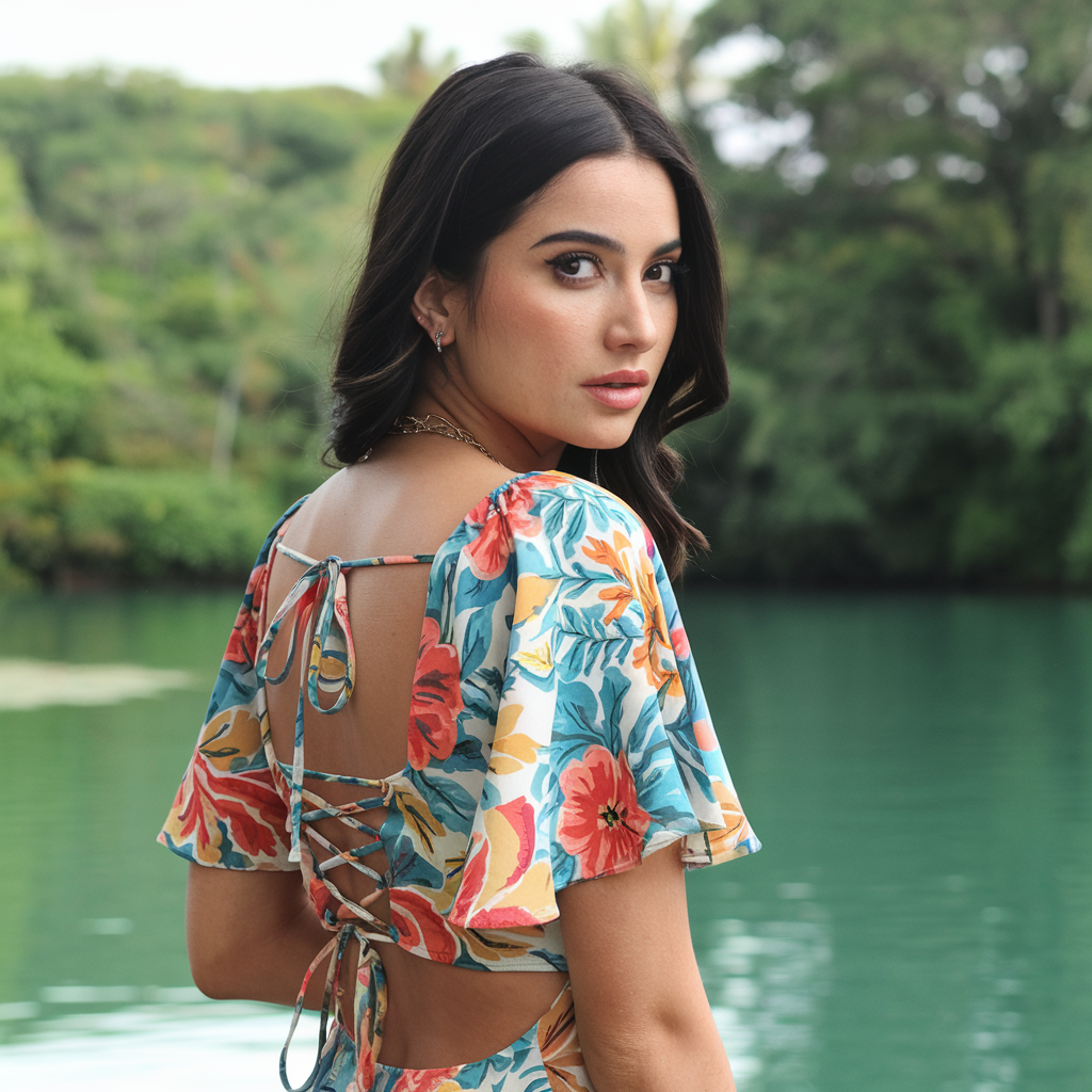 A woman in a vibrant floral summer dress poses by a tranquil water body, her gaze directed over her shoulder, showcasing the dress's lace-up back detail.