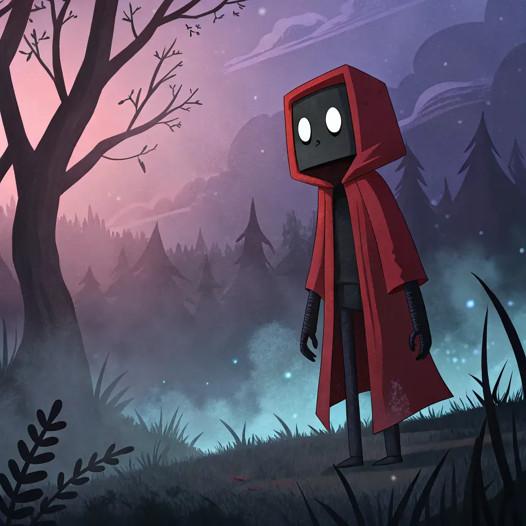Animated Enderman wearing a red hooded cloak stands in a misty, eerie forest at dusk, evoking a sense of adventure and mystery.