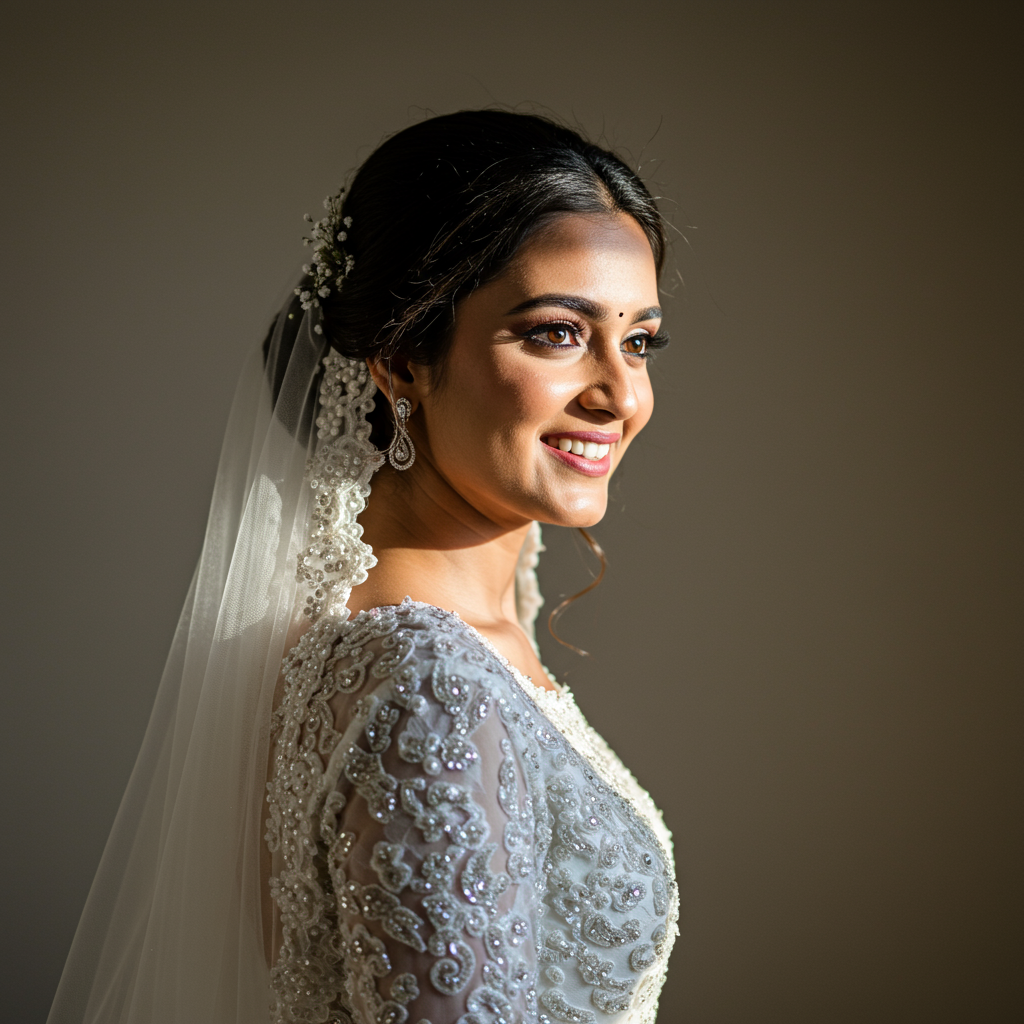 A smiling bride in an ornate dress and veil, showcasing delicate details and elegant jewelry, captured in a soft, glowing light for a forum avatar or profile photo.