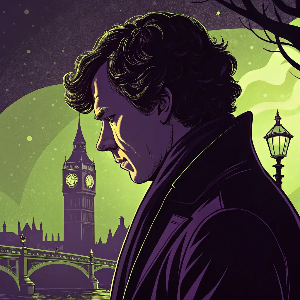 Illustration of Sherlock Holmes from the TV series, set against a nighttime London skyline featuring Big Ben and a glowing green moon, used as a forum profile photo.