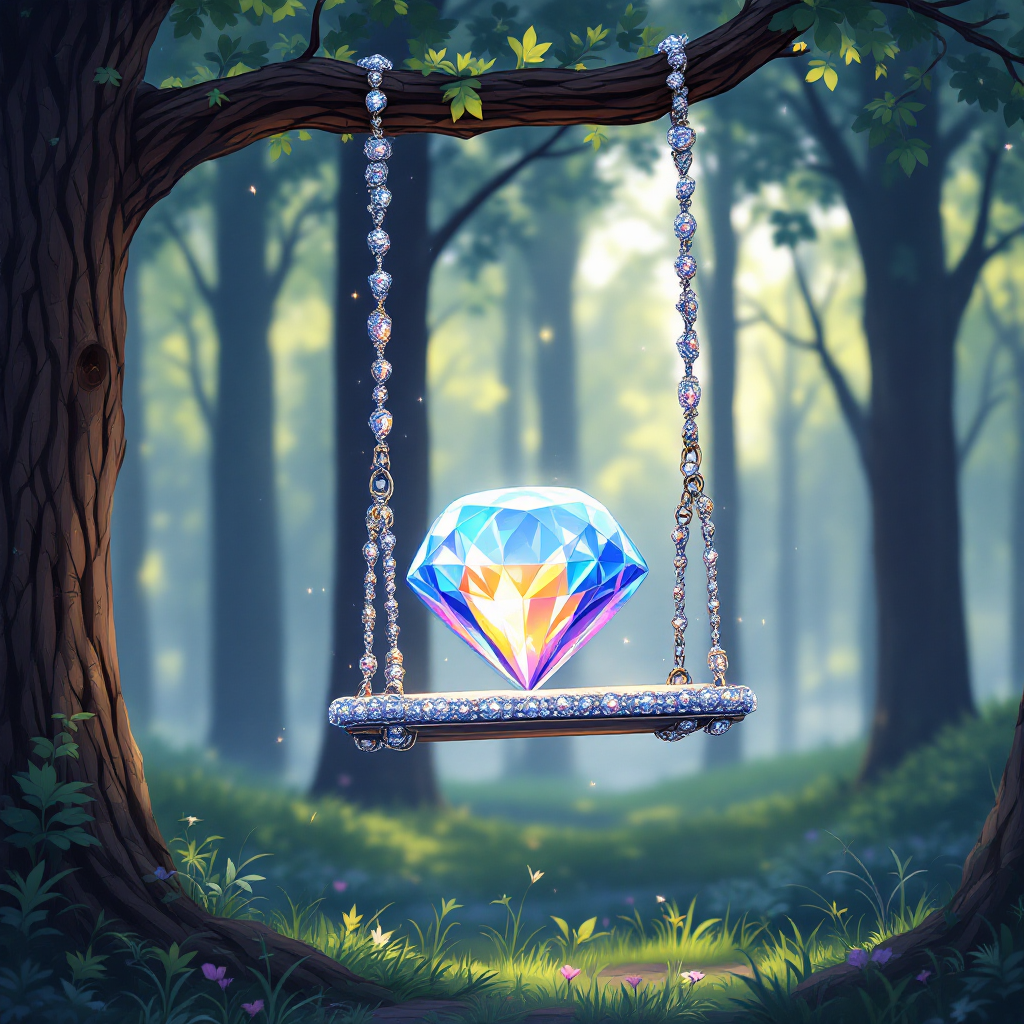 A whimsical tree swing made of sparkling diamonds hangs from a tree in a lush forest, creating a serene and enchanting vibe for a forum avatar.