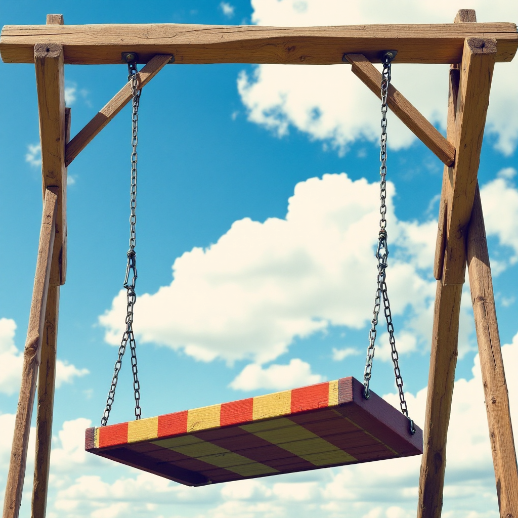 Wooden swing with a colorful seat hanging in a playground under a bright blue sky with fluffy white clouds.