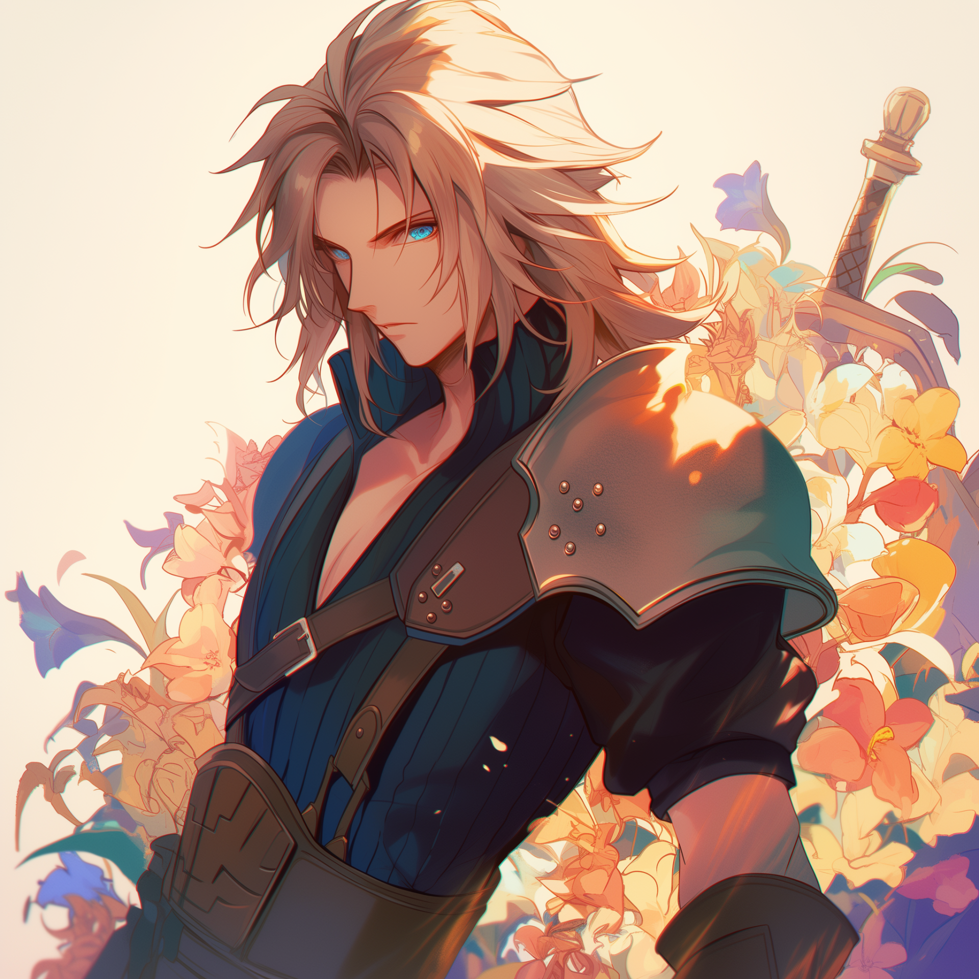 A stylized profile photo featuring a character from Final Fantasy, with flowing hair, striking blue eyes, and an intricate armor piece, surrounded by colorful flowers.