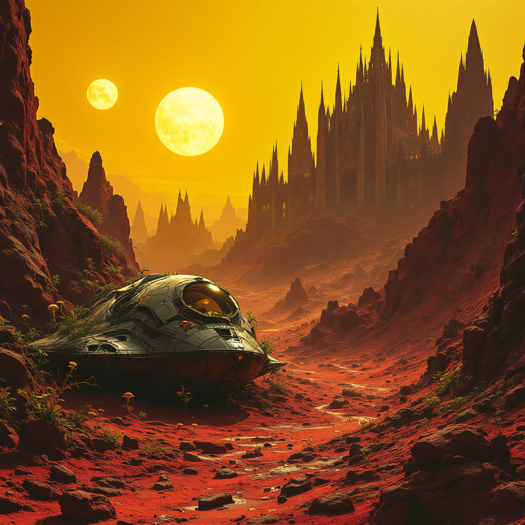 A sci-fi planet scene featuring a futuristic spaceship in a crimson valley, with tall spires and dual suns glowing in a yellow sky. Suitable as a forum avatar or profile photo.