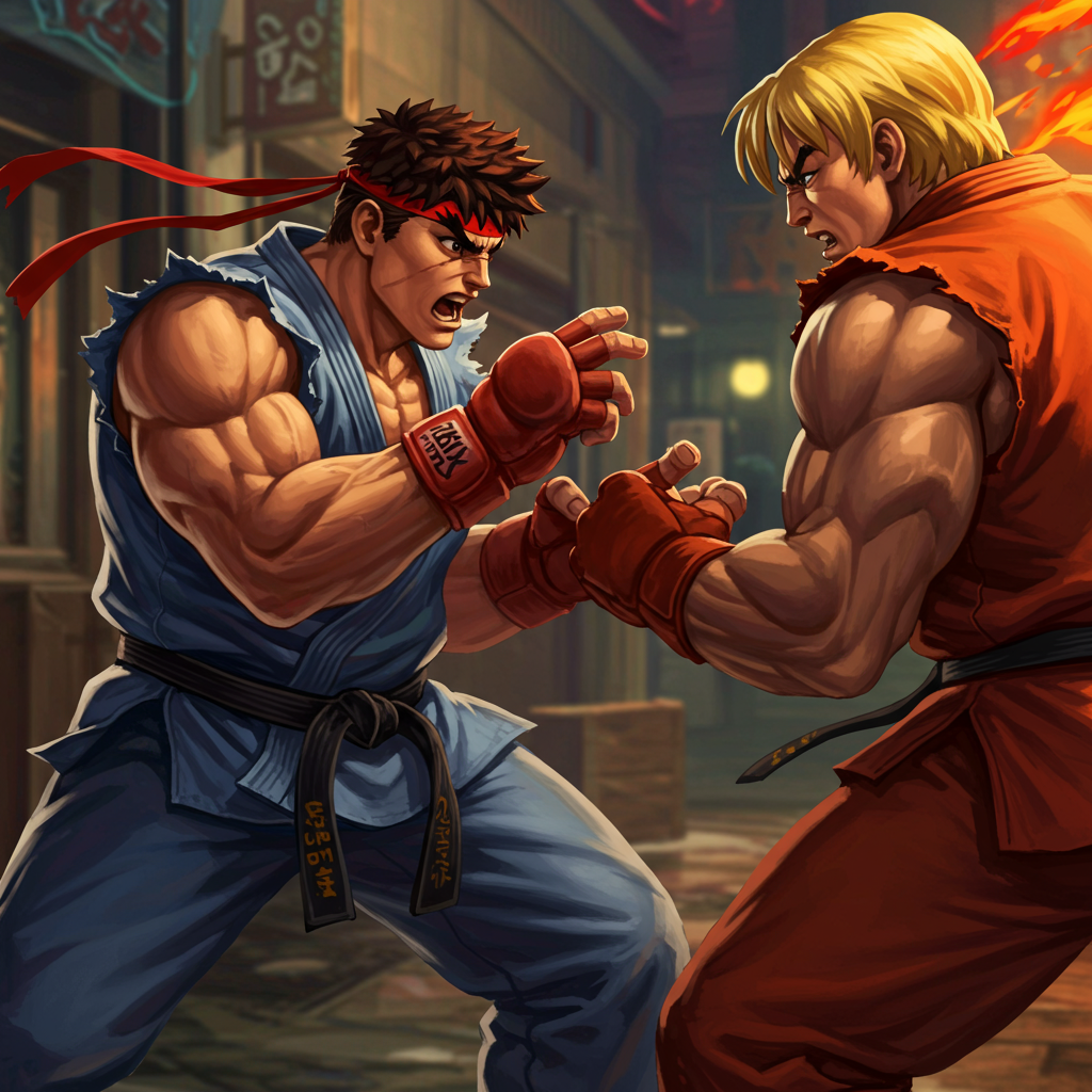 Ryu and Ken Masters from Street Fighter face off in an intense fighting stance against a nighttime urban backdrop in this dynamic video game avatar image.