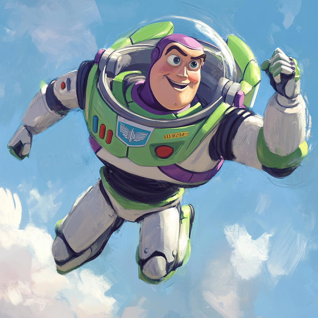 Illustration of Buzz Lightyear from the movie Toy Story, depicted mid-flight against a blue sky with clouds, capturing his adventurous spirit and iconic design.