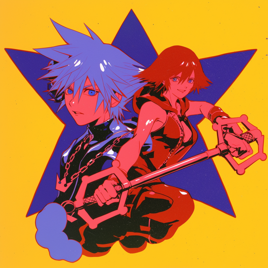 A vibrant avatar featuring characters from the video game Kingdom Hearts, showcasing a striking design with bold colors and dynamic poses against a star background.