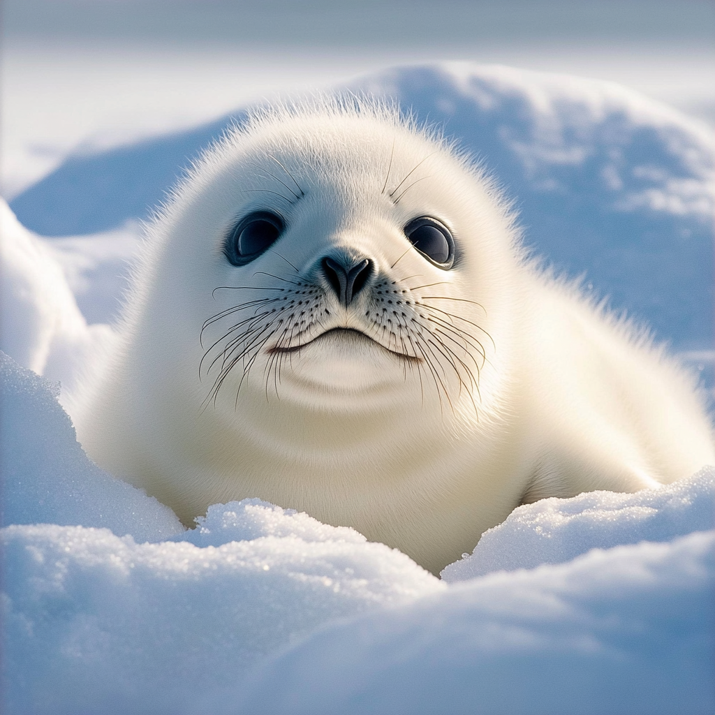 A cute white seal peeks out from a snowy backdrop, capturing an adorable moment that makes for an engaging forum avatar or profile picture.