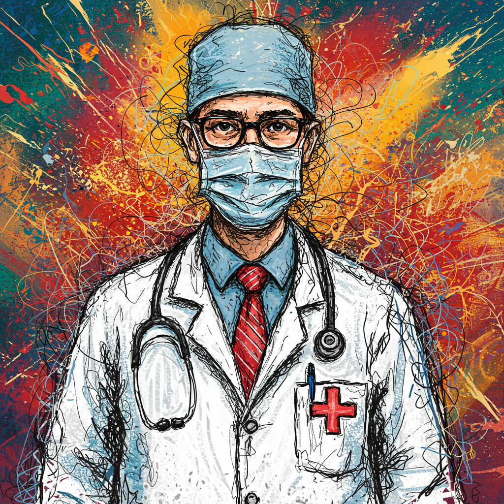 An illustrated profile photo of a doctor wearing a mask and scrubs, with a stethoscope around the neck and a red cross emblem, set against a colorful abstract background.