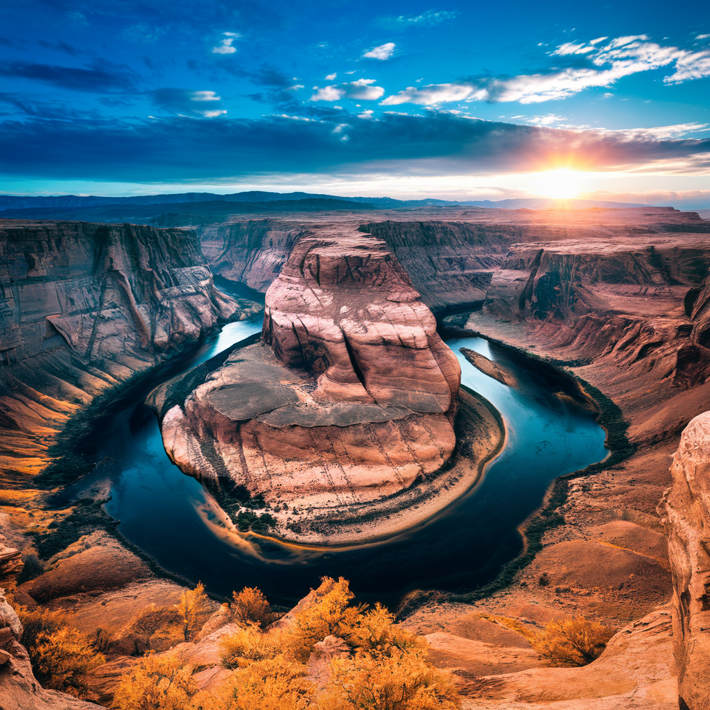 A stunning view of a canyon at sunset, with a winding river and vibrant orange and blue skies, serving as an eye-catching profile picture or forum avatar.