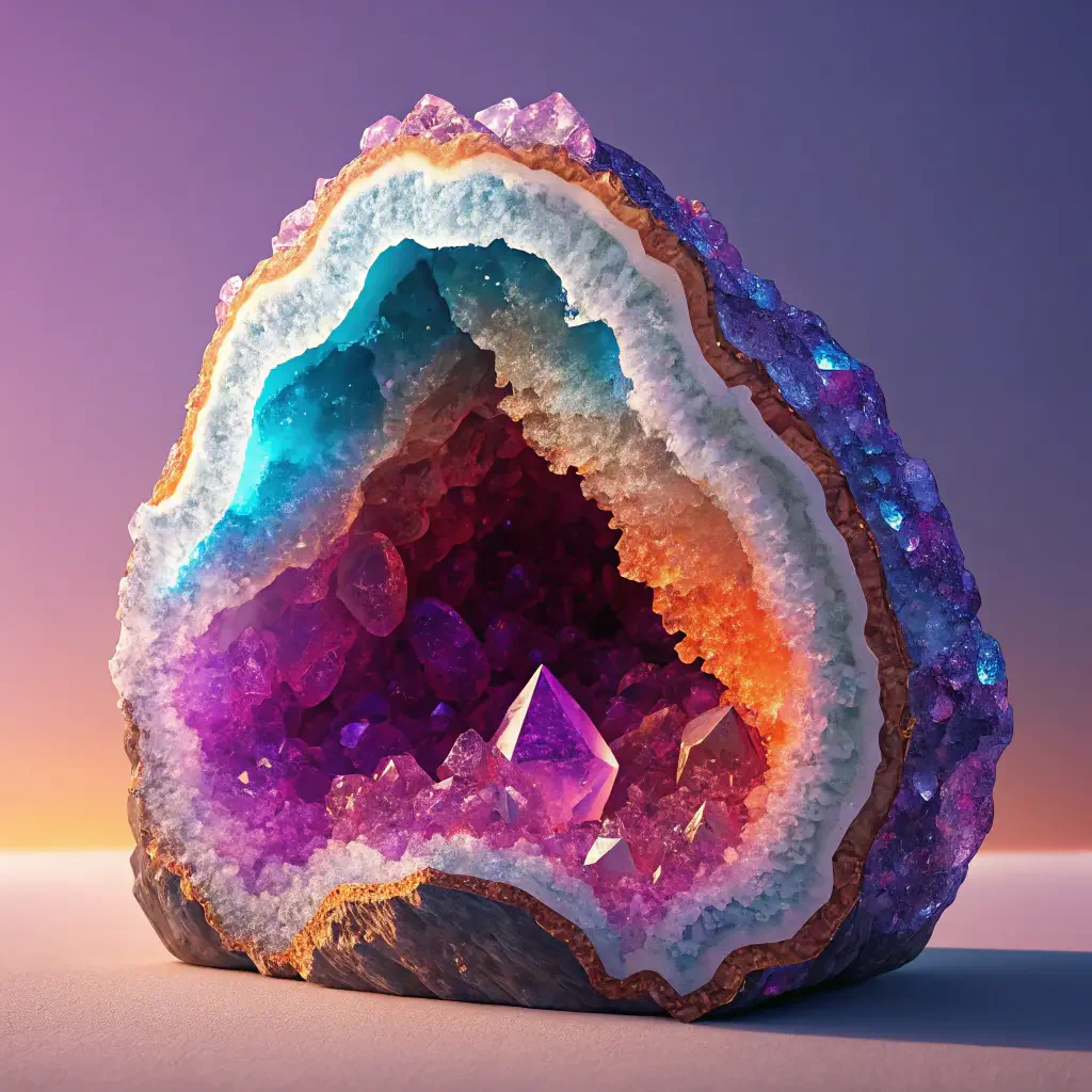 A vibrant geode with crystalline formations in shades of purple, blue, and orange, serving as a striking profile picture or avatar.