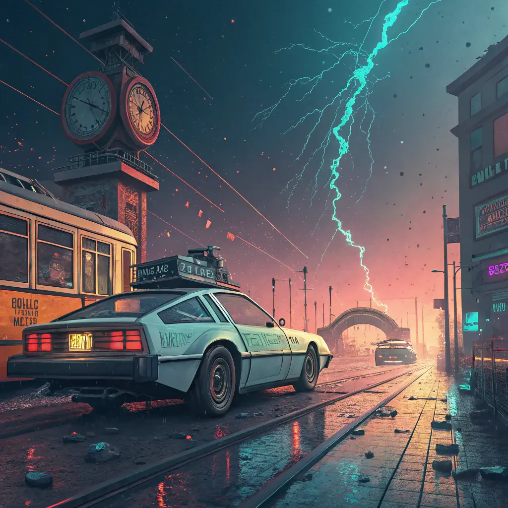 A dynamic illustration featuring a futuristic taxi and a retro train, set against a vibrant skyline with lightning, embodying the theme of time travel. Ideal for a forum avatar.