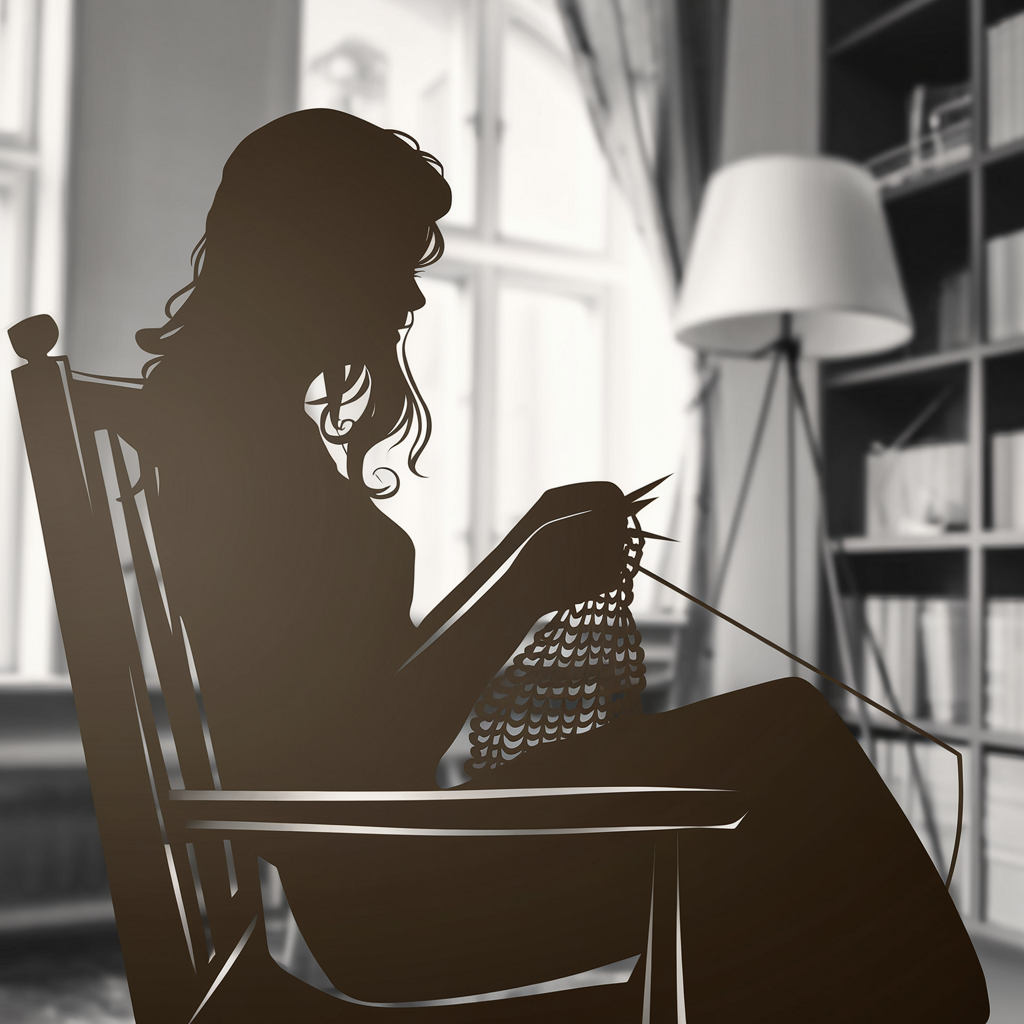 A silhouette of a person sitting in a chair, knitting, surrounded by a cozy indoor setting with a lamp and bookshelves, used as a forum avatar.