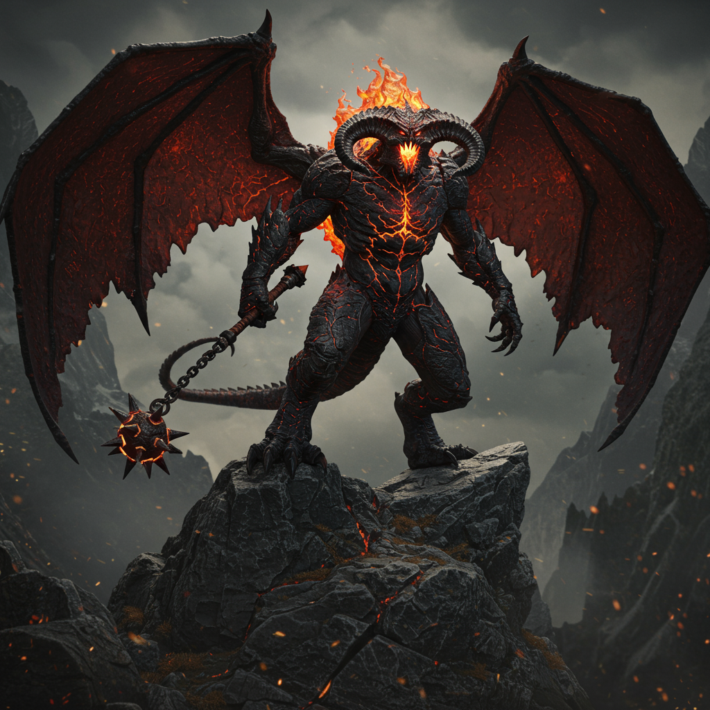 A striking Balrog from Lord of the Rings stands on a rocky outcrop, surrounded by dark clouds and fiery accents, wielding a mace and showcasing its formidable wings.