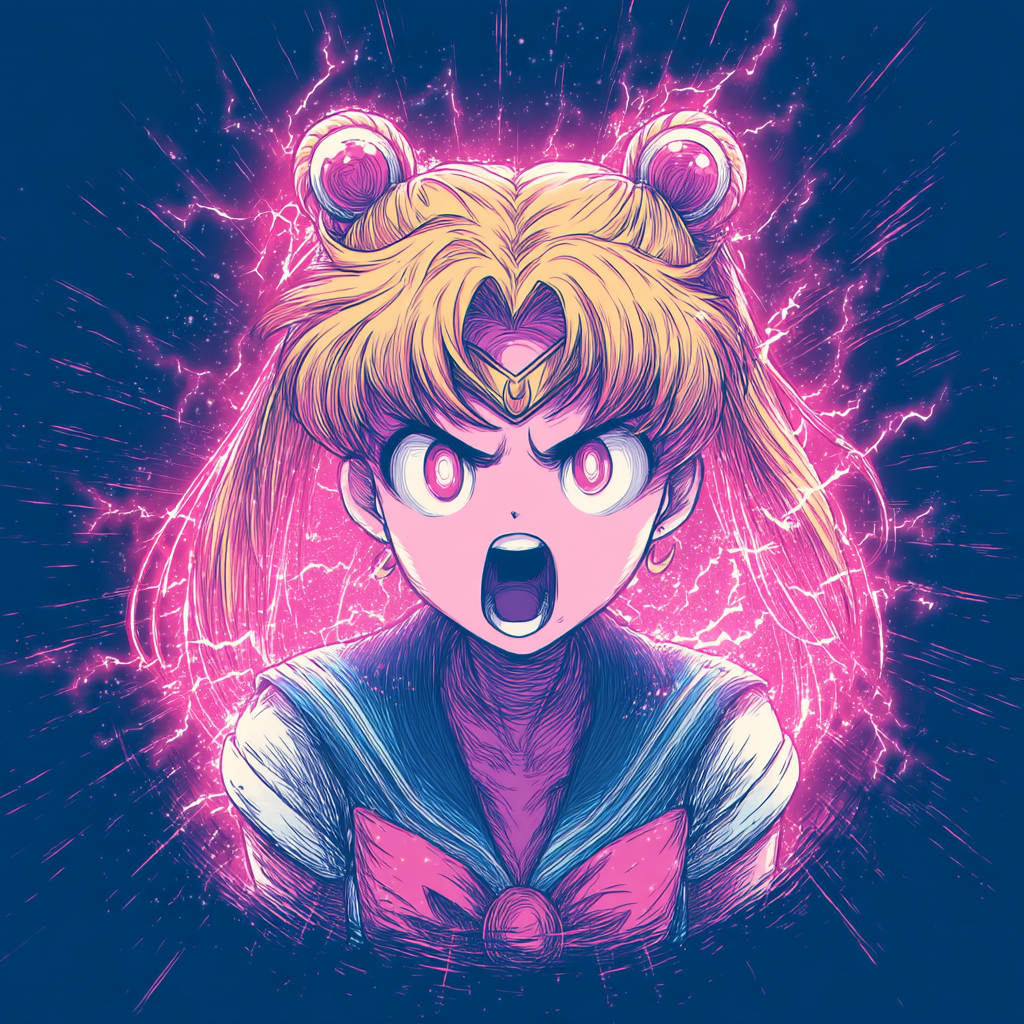 Illustration of an intense Sailor Moon character from the anime, depicted as a glowing magical girl with electrifying pink energy radiating around her.