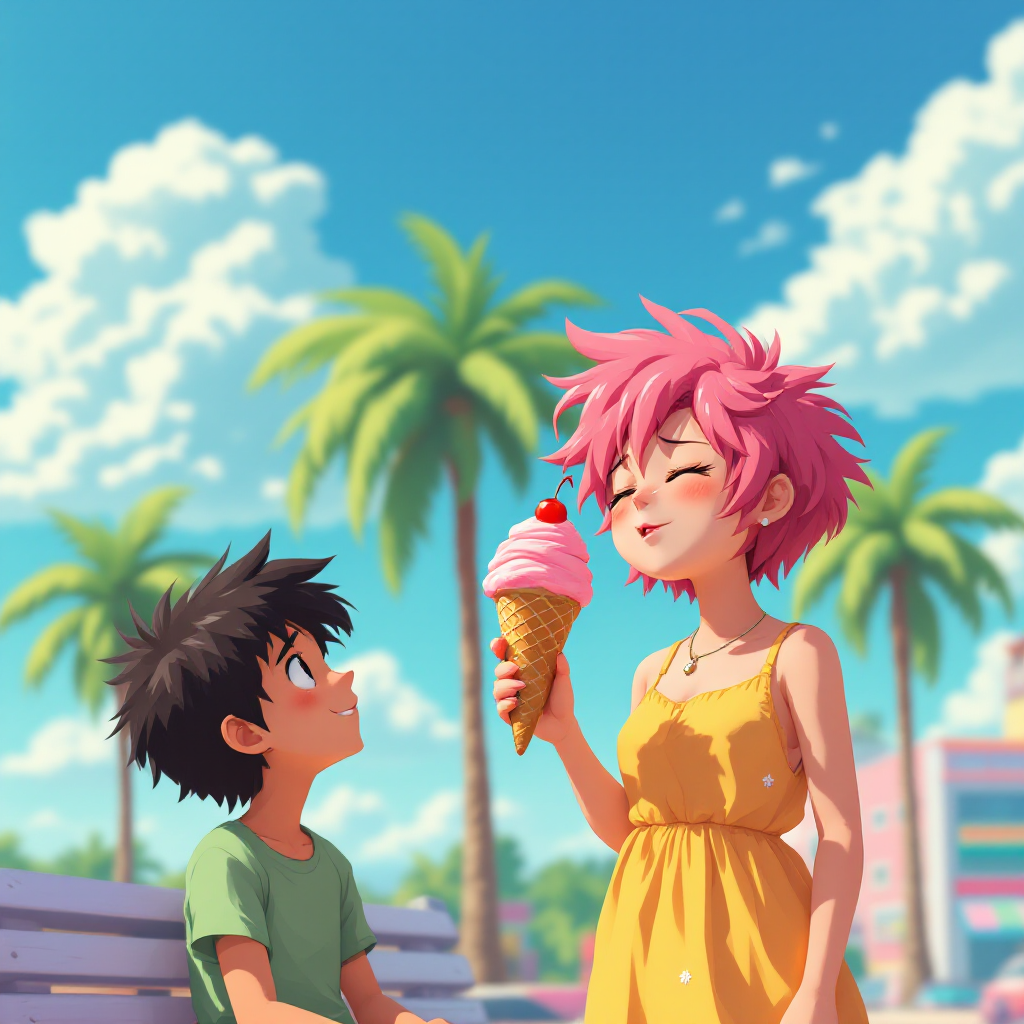 Anime-style summer scene with a girl enjoying strawberry ice cream and a boy looking up, set against a backdrop of palm trees and a bright blue sky.