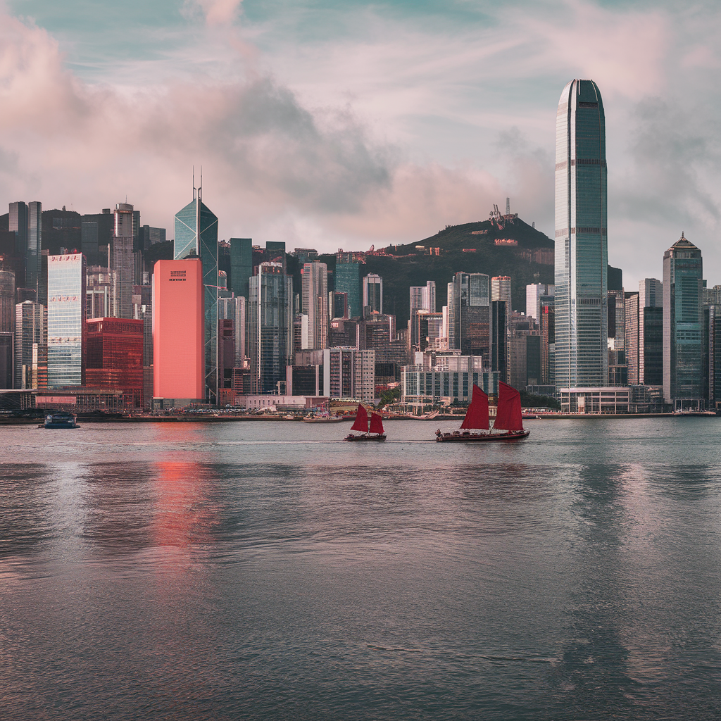 A stunning view of Hong Kong's skyline with traditional junks sailing in the water, capturing the city's blend of modern architecture and rich cultural heritage.
