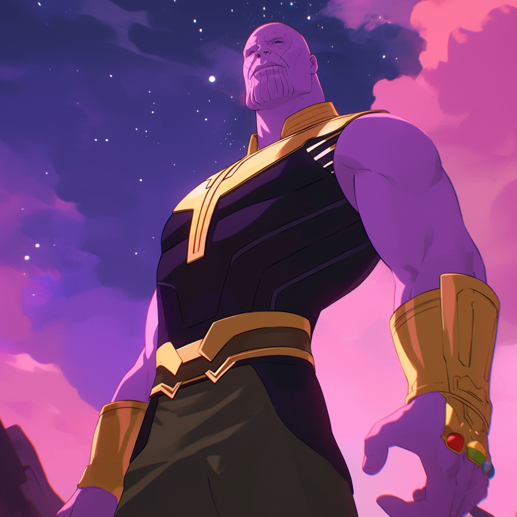 Anime-style comic illustration of Thanos in purple and gold armor, set against a vibrant pink and purple sky, used as a forum avatar/profile photo.