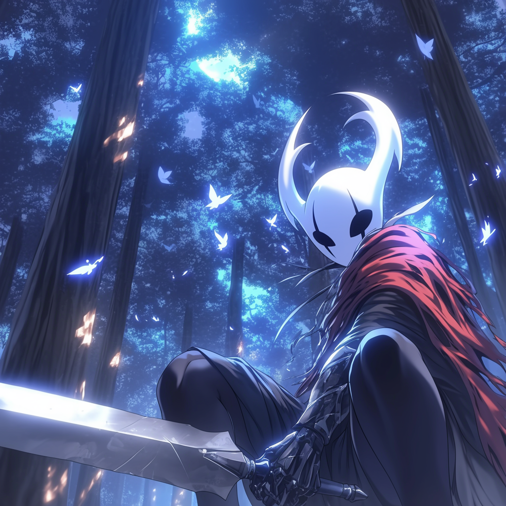 A striking avatar featuring a blue-hued character from Hollow Knight, depicted as a monster in a mystical forest, poised with a sword amidst glowing butterflies.