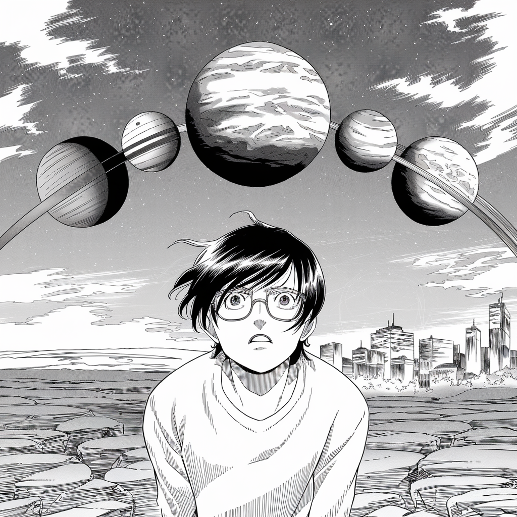A young person with glasses gazes upwards in awe as planets align in the sky above, set against a cracked landscape and a distant city, reflecting the theme of planetary alignment.
