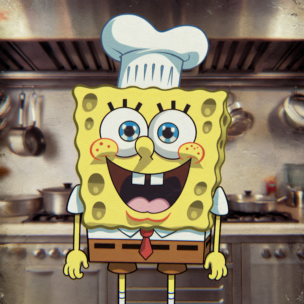 A cheerful SpongeBob SquarePants, wearing a chef's hat, smiles in a kitchen setting, perfect as a forum avatar or profile photo.