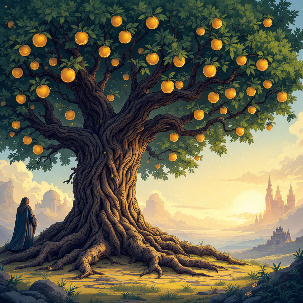 A stylized depiction of Yggdrasil, featuring a large tree with vibrant oranges and intricate roots, set against a serene landscape with distant castles and a colorful sky.