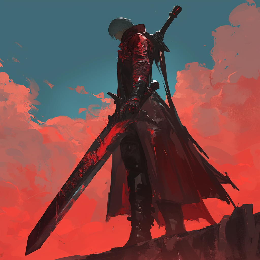 A forum avatar featuring Dante from Devil May Cry, standing confidently with a sword, against a dramatic red and blue sky backdrop, showcasing his iconic style and character.
