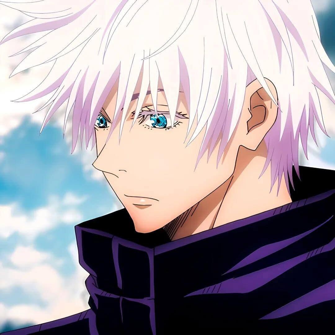 Anime character Satoru Gojo from Jujutsu Kaisen, featuring his striking white hair and blue eyes, depicted in a contemplative pose against a cloudy background.